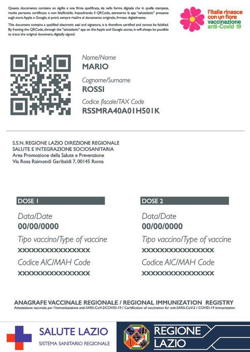 LAZIO, QUELLO VACCINALE ONLINE SARA’ UN CERTIFICATO IN DOPPIA LINGUA