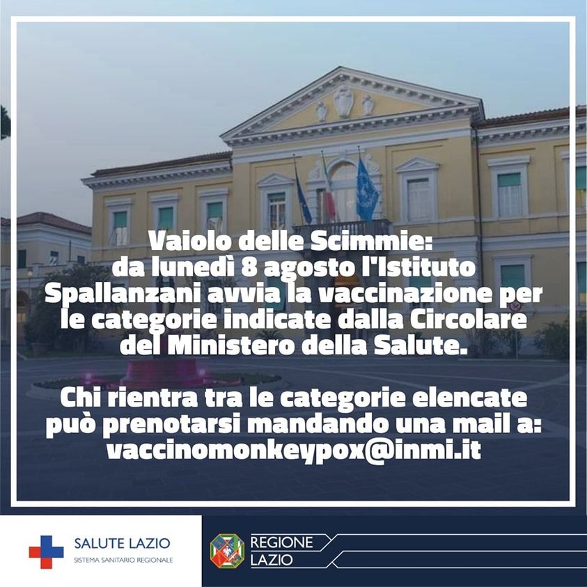 Vaiolo delle scimmie: al via da oggi le prime vaccinazioni allo Spallanzani di Roma
