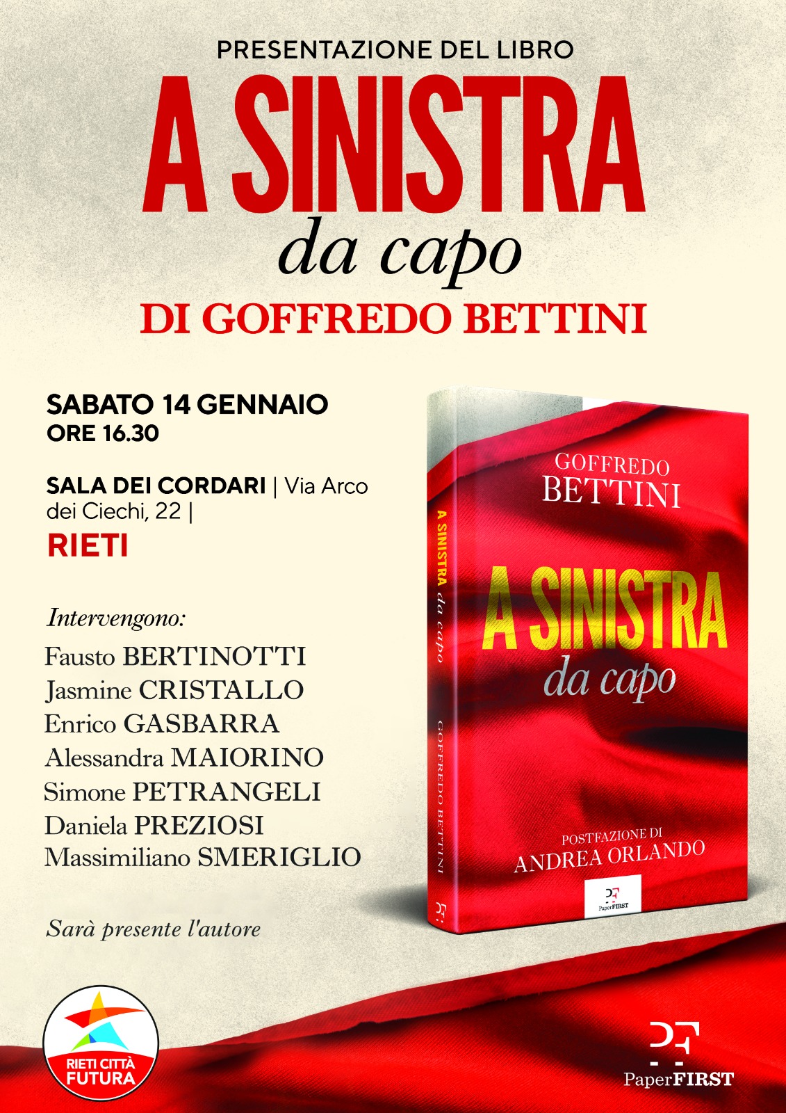 Rieti, domani Bettini presenta il suo libro “A sinistra. Da capo”