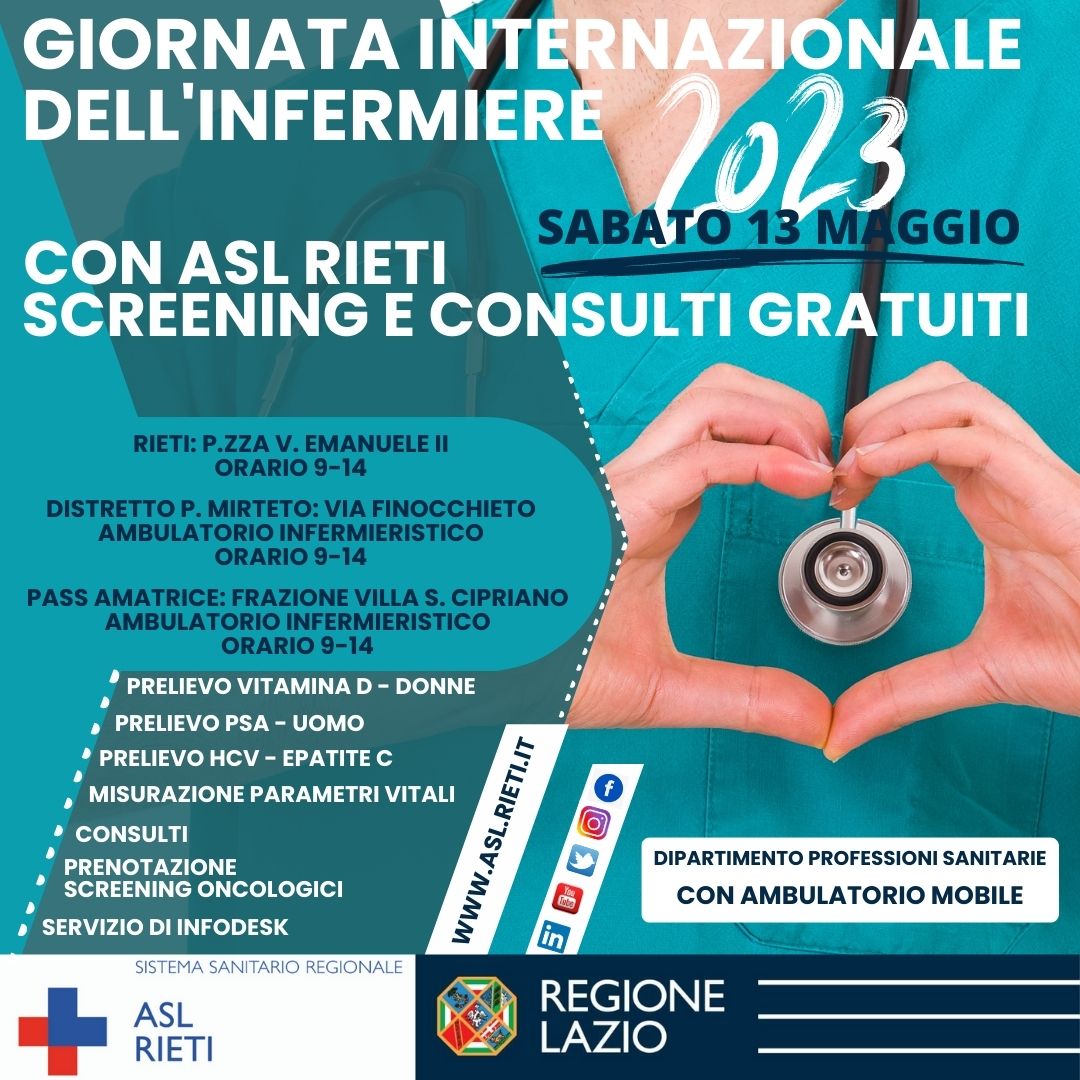 Il 13 maggio la Asl di Rieti celebra la Giornata Internazionale dell’Infermiere con esami e consulti specialistici gratuiti