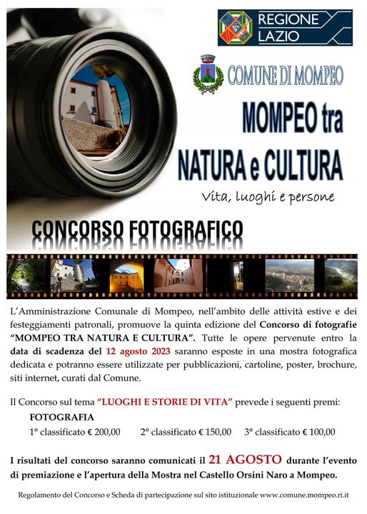 CONCORSO FOTOGRAFICO MOMPEO, PROROGA SCADENZA PARTECIPAZIONE 18 AGOSTO 2