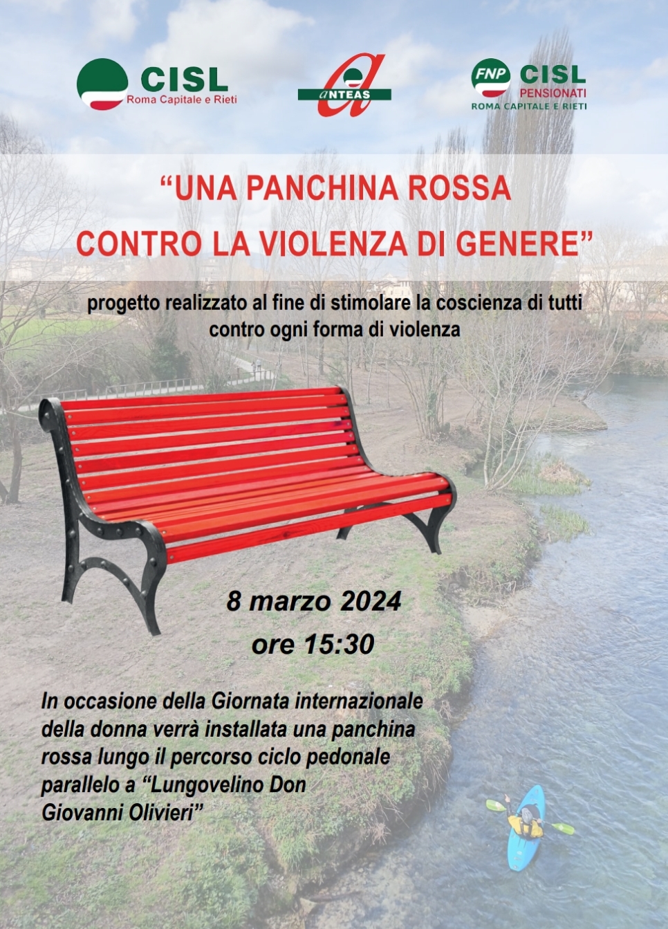 Cisl Roma e Rieti, una panchina rossa sulla pista pedonale lungo il Velino