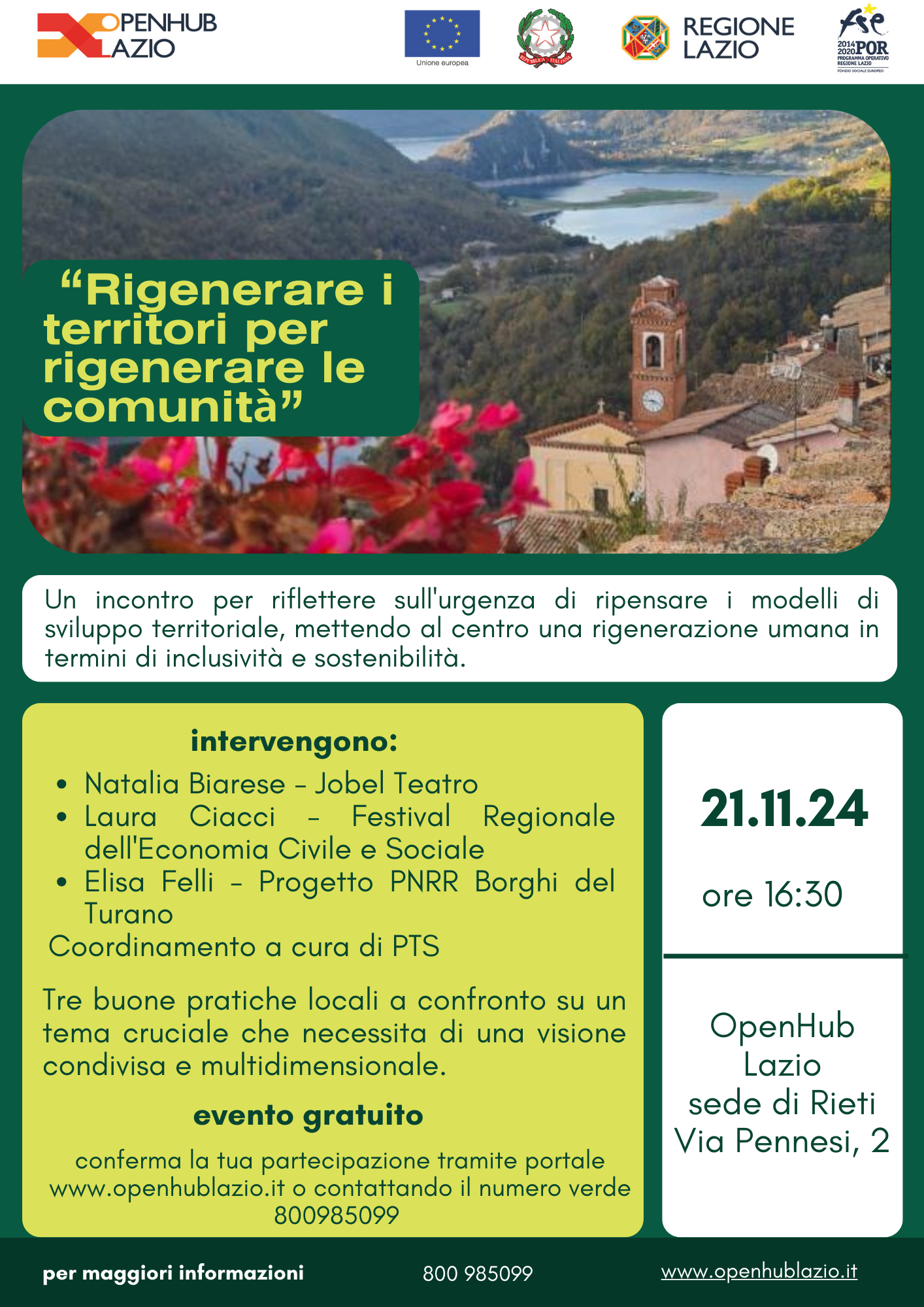 “Rigenerare i territori per rigenerare le comunità” il 21 novembre all’OpenHub Lazio di Rieti