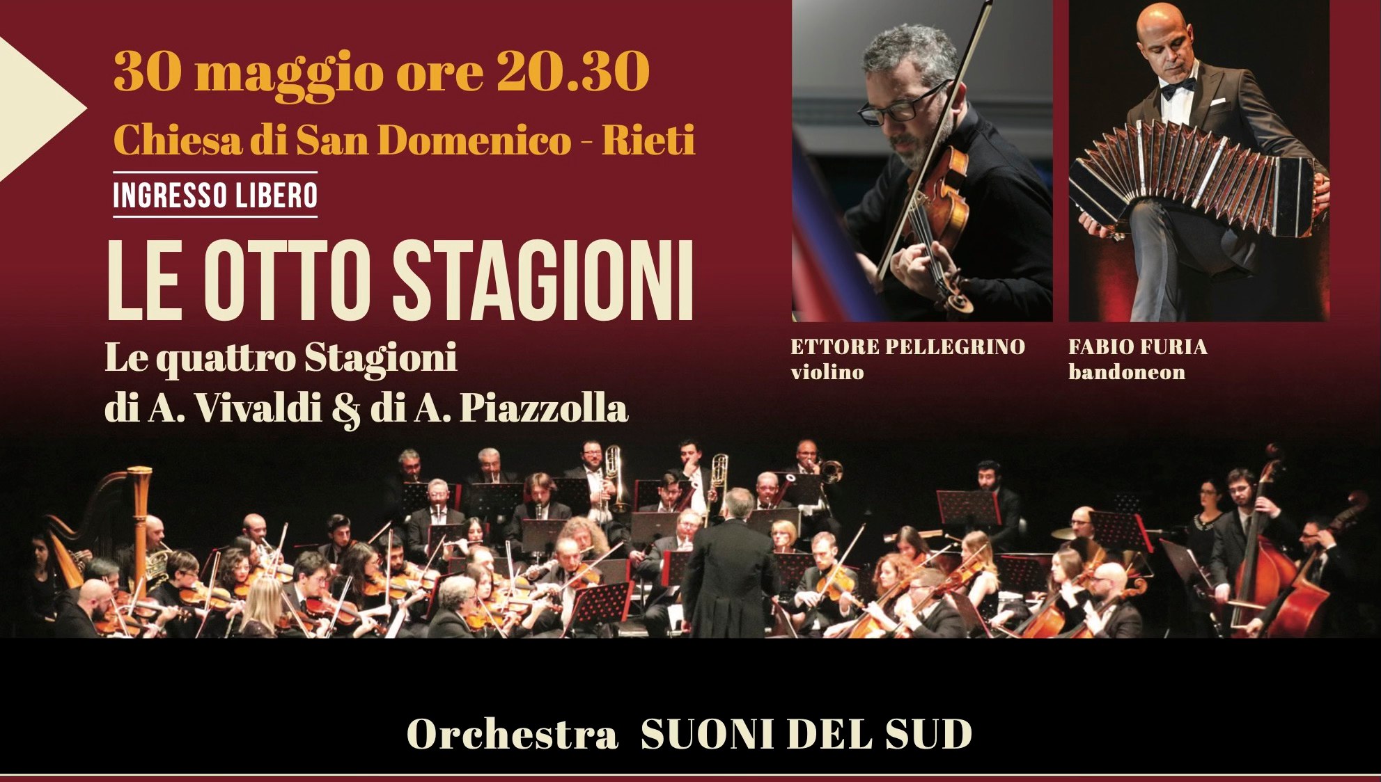 RIETI, IL 30 MAGGIO A SAN DOMENICO “LE OTTO STAGIONI” CON L’ORCHESTRA SUONI DEL SUD