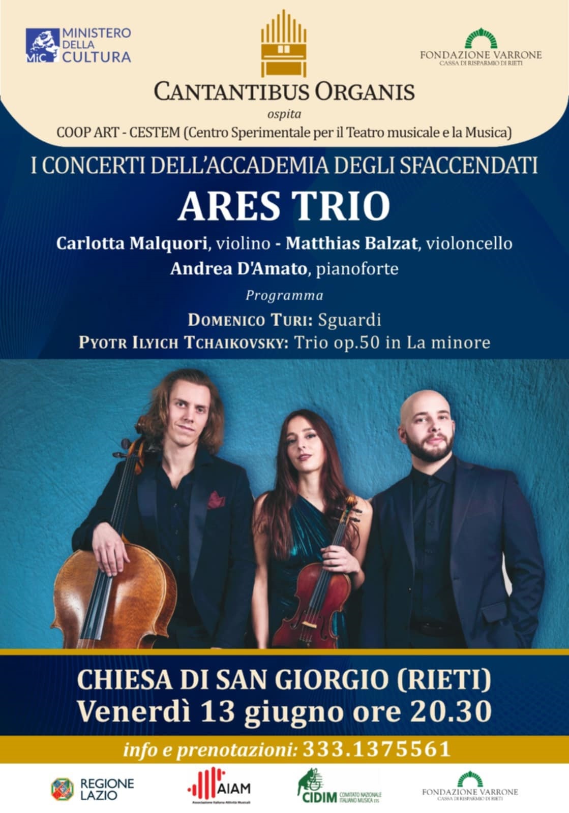 Il 13 giugno alla Chiesa di San Giorgio di Rieti appuntamento con l’Ares Trio