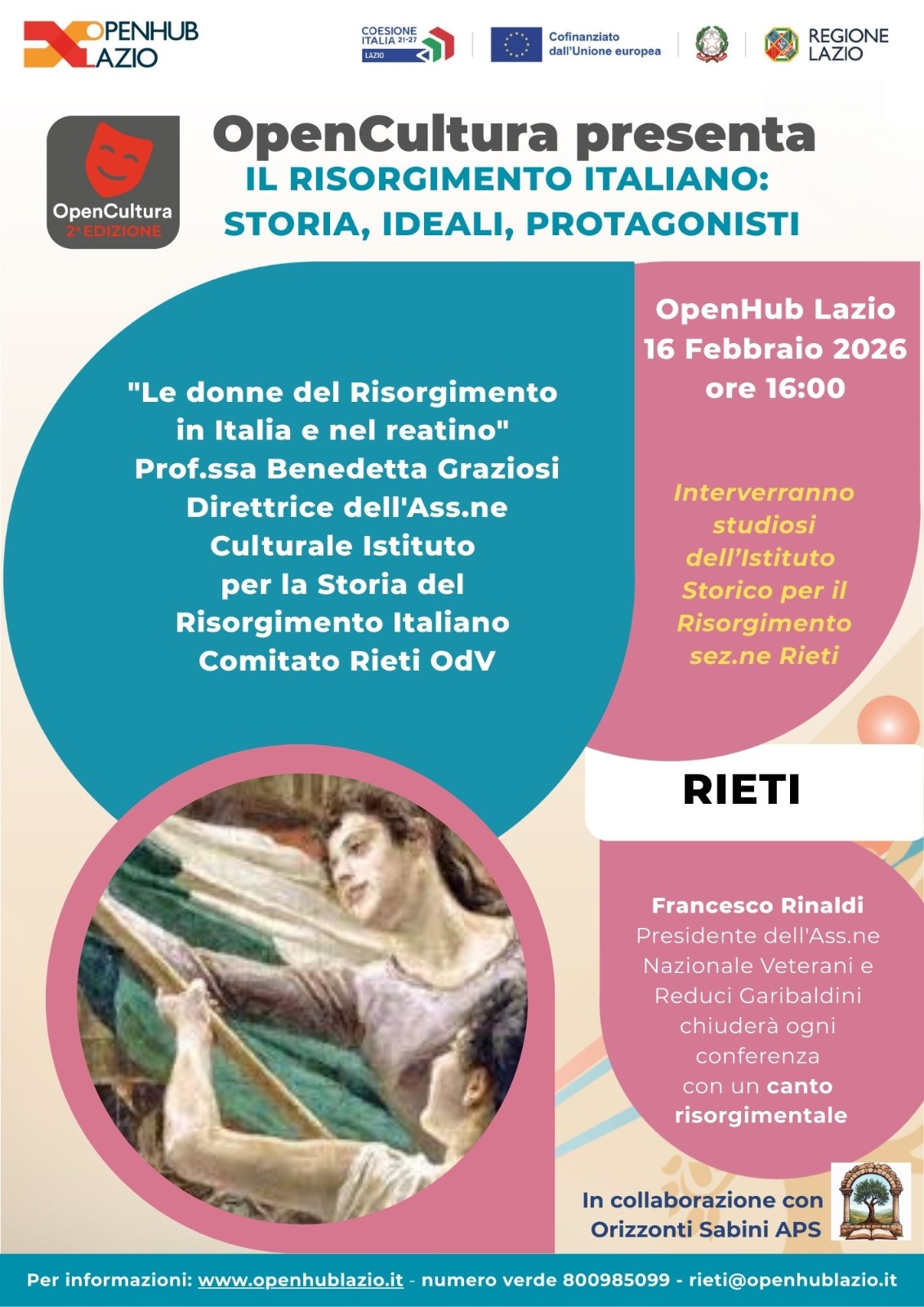 16 febbraio, Rieti: “Le donne nel Risorgimento italiano e nel reatino”