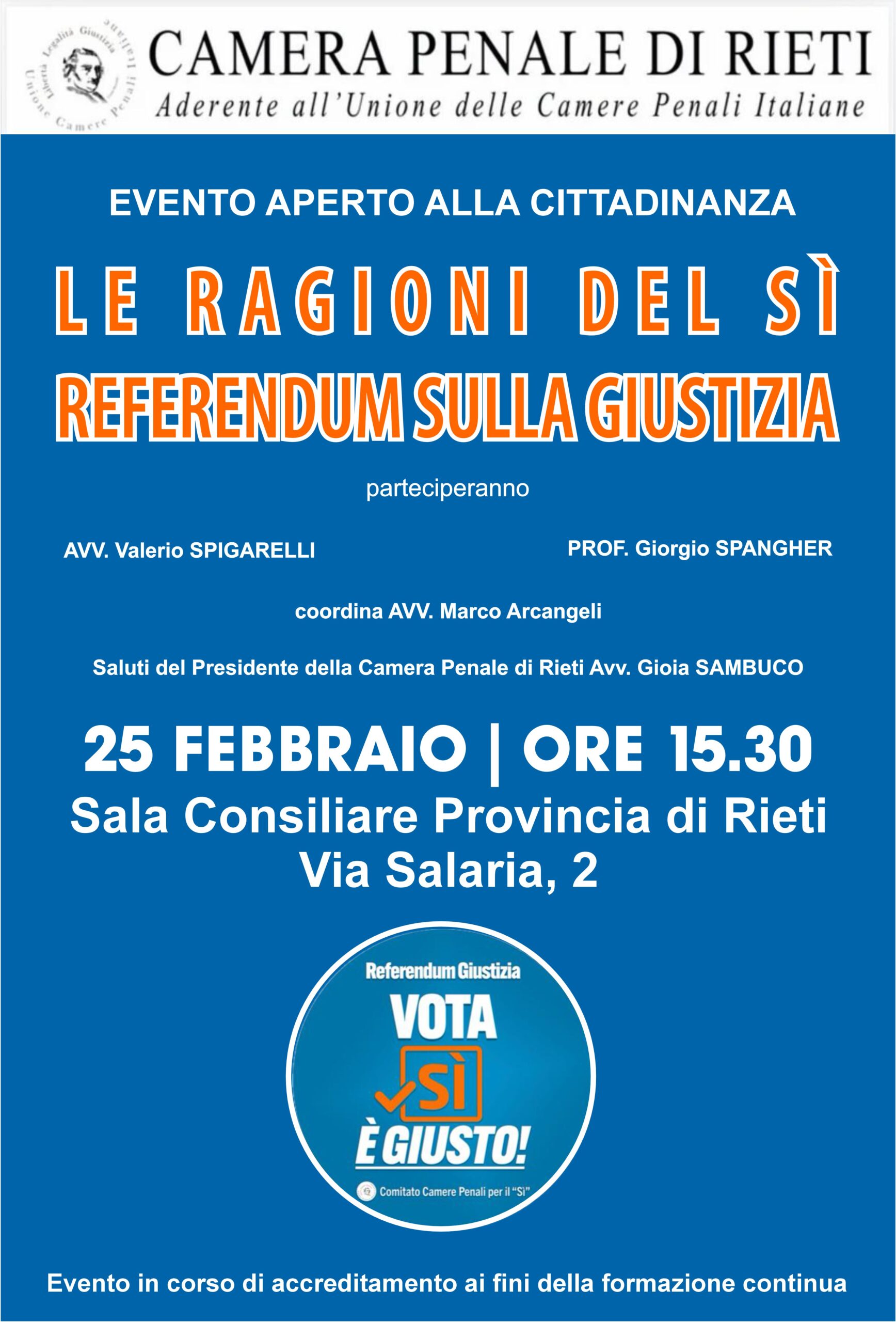 CAMERA PENALE DI RIETI, INCONTRO APERTO ALLA CITTADINANZA SUL REFERENDUM GIUSTIZIA: “LE RAGIONI DEL Sì”
