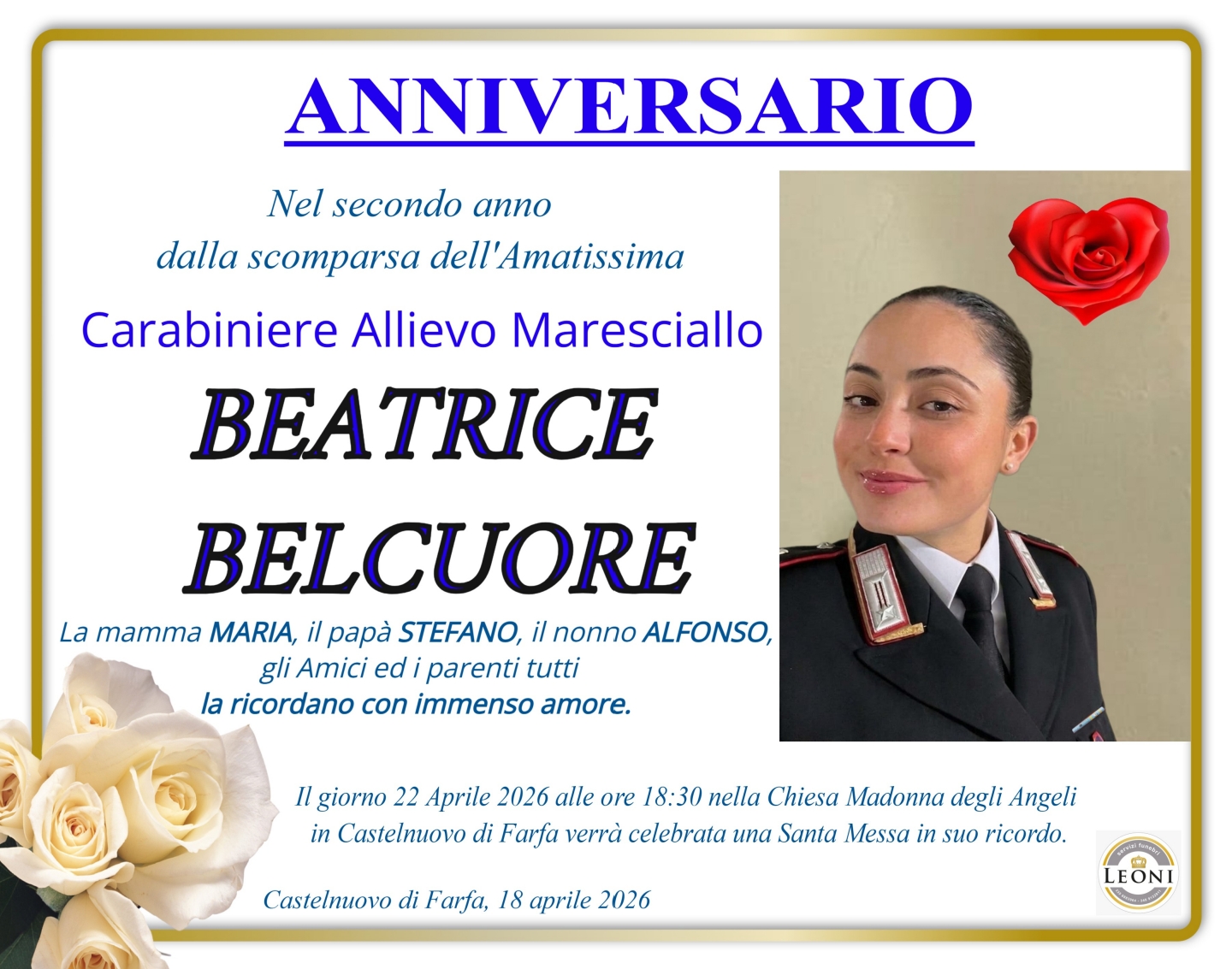 DOMANI CASTELNUOVO DI FARFA RICORDA BEATRICE BELCUORE A DUE ANNI DALLA SCOMPARSA