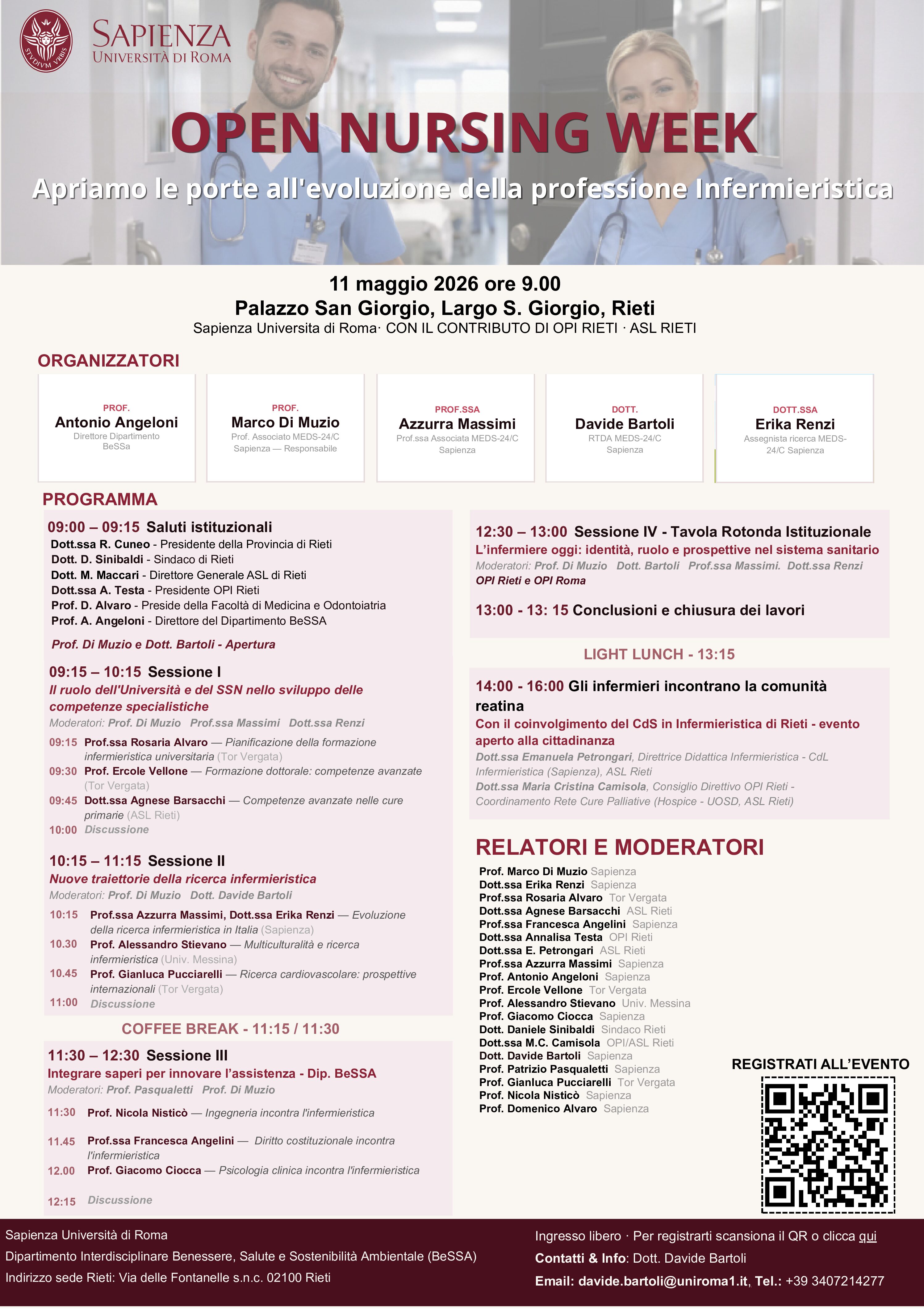 TUTTO PRONTO PER OPEN NURSING WEEK – RIETI 2026, L’11 MAGGIO LA GIORNATA INTERNAZIONALE DELL’INFERMIERE