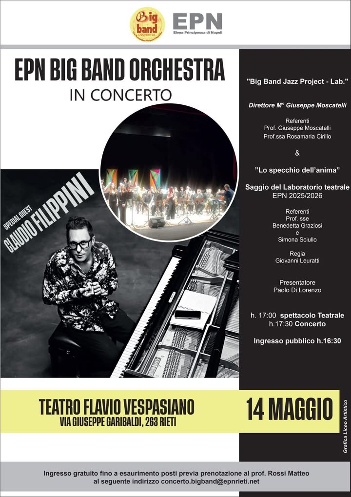 RIETI, 14 MAGGIO: LA BIG BAND ORCHESTRA DEL LICEO MUSICALE IN CONCERTO AL FLAVIO CON CLAUDIO FILIPPINI