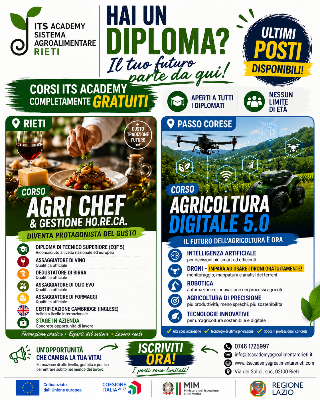 ITS Academy Agroalimentare Rieti: aperte le preiscrizioni ai nuovi corsi biennali gratuiti