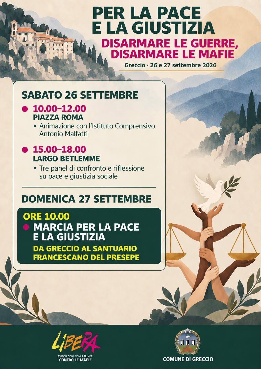 “Disarmare le guerre, disarmare le mafie”: il 26 e 27 settembre a Greccio due giorni per la pace