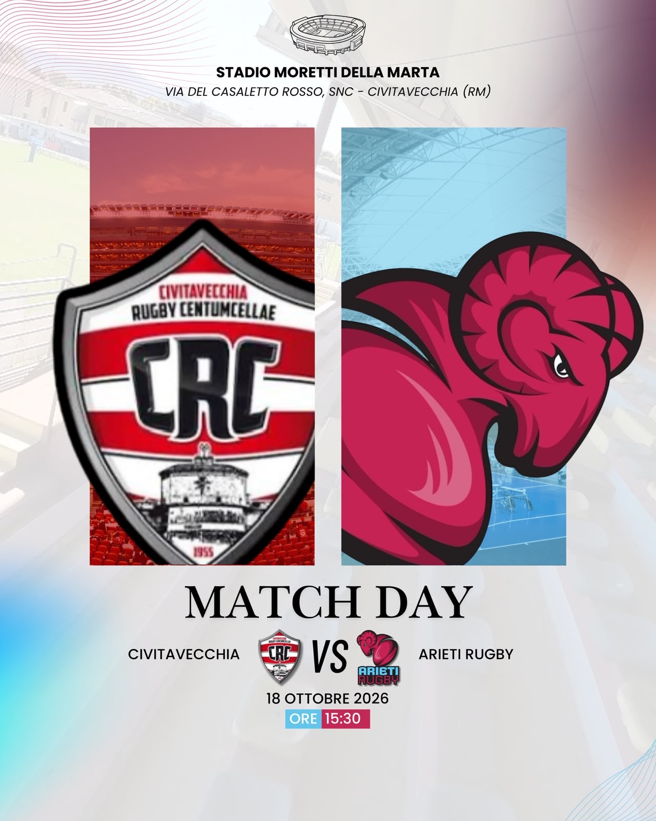 Il 18 ottobre gli Arieti Rugby in trasferta contro il Civitavecchia Rugby