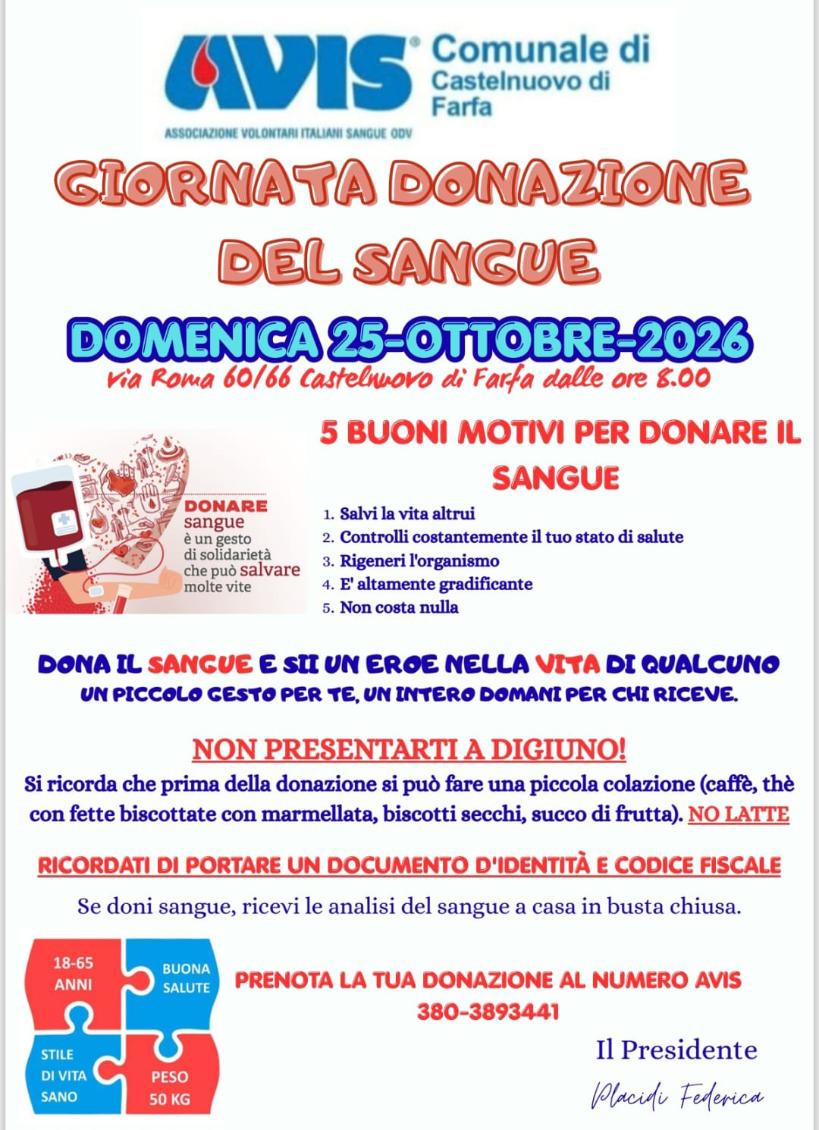 IL 25 OTTOBRE DOMENICA DI DONAZIONE DI SANGUE CON L’AVIS DI CASTELNUOVO DI FARFA